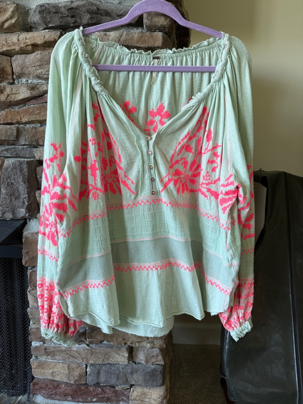 Free People Mint Green Peasant Blouse with Neon Pink Embroidery